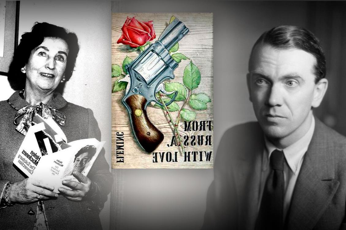 Image(l/r): Graham Greene; Ian Fleming; From Russia With Love (1st edition, 1957); Helen MacInnes 